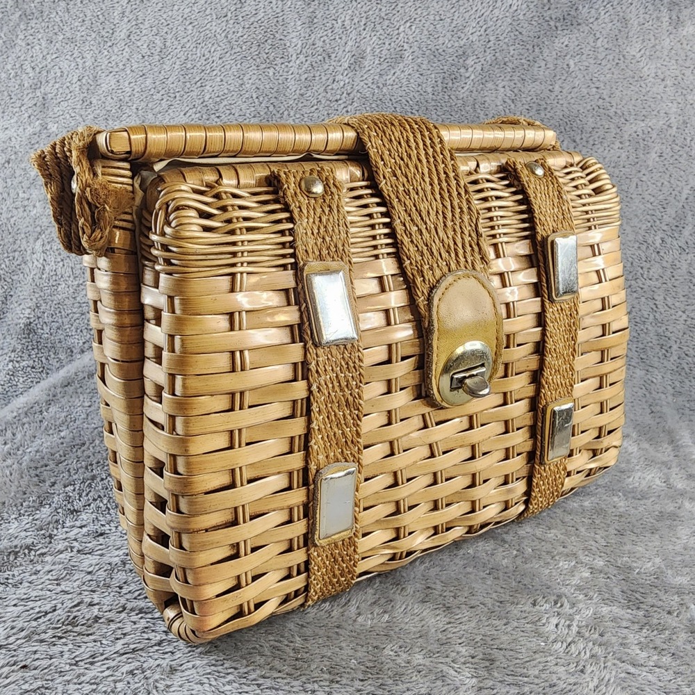 Vintage Bonnie International Wicker Box Handbag Tan Woven Purse Gold Hardware